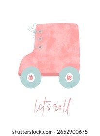 Cute Vector Illustration Of Coral Red Roller Shoe With Blue Wheels. Let's Roll. Big Hand Drawn Pink Roller Skates On A White Background. Nursery Art For Girls. RGB Colors.