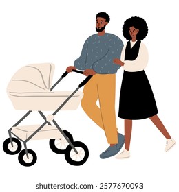 Cute vector illustration of a couple with a baby stroller. A man in a blue sweater and a woman in a black dress walk with a stroller. Warm family outing in a park setting.