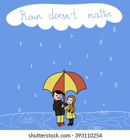 Cute vector illustration of a couple under umbrella. Romantic date. Rain