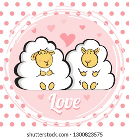 Cute vector illustration of couple white sheep, hearts, hand drawn.Can be used for print design t shirt.Love cards, poster, invitations. Wedding or Valentine's day Romantic Cartoon