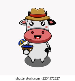 cute vector illustration of a cow cartoon mascot drink fresh coconut