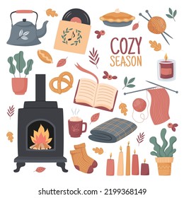 Cute vector illustration of cozy autumn hygge elements isolated on white background.