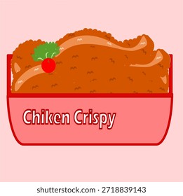 A cute vector illustration of crispy fried chicken nuggets in a pink bowl with garnish. Perfect for food menus and kids' meal promotions.