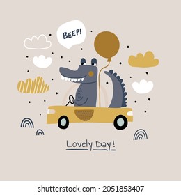 cute vector illustration with crocodile riding a car with balloon with beep sign. Perfect for kids clothing, textile, print. Kids crocodile illustration