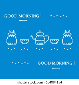 Cute vector illustration cross embroidery of teapot with two cups and owl. Design for banner, poster or print.