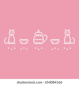 Cute vector illustration cross embroidery of teapot with two cups and two cats. Design for banner, poster or print.
