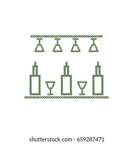 Cute vector illustration cross embroidery of bar. Bottles and glasses. Design for banner, poster or print.