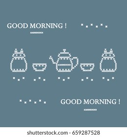Cute vector illustration cross embroidery of teapot with two cups and owl. Design for banner, poster or print.