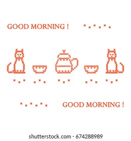 Cute vector illustration cross embroidery of teapot with two cups and two cats. Design for banner, poster or print.