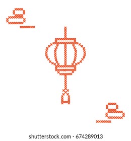 Cute vector illustration cross embroidery of chinese lantern and rocks for japanese rock garden. Design for banner, poster or print.