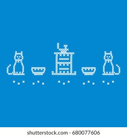 Cute vector illustration cross embroidery of teapot with two cups and two cats. Design for banner, poster or print.