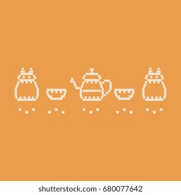 Cute vector illustration cross embroidery of teapot with two cups and owl. Design for banner, poster or print.