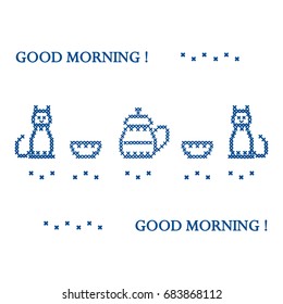 Cute vector illustration cross embroidery of teapot with two cups and two cats. Design for banner, poster or print.