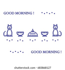 Cute vector illustration cross embroidery of dish with lid, two cups and two cats. Design for banner, poster or print.