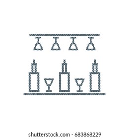 Cute vector illustration cross embroidery of bar. Bottles and glasses. Design for banner, poster or print.
