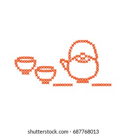 Cute vector illustration cross embroidery of teapot with two cups. Design for banner, poster or print.
