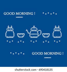 Cute vector illustration cross embroidery of teapot with two cups and owl. Design for banner, poster or print.