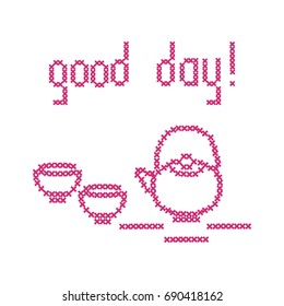 Cute vector illustration cross embroidery of teapot with two cups. Design for banner, poster or print.