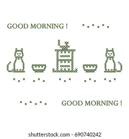 Cute vector illustration cross embroidery of teapot with two cups and two cats. Design for banner, poster or print.