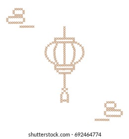 Cute vector illustration cross embroidery of chinese lantern and rocks for japanese rock garden. Design for banner, poster or print.