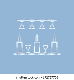 Cute vector illustration cross embroidery of bar. Bottles and glasses. Design for banner, poster or print.