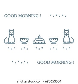 Cute vector illustration cross embroidery of dish with lid, two cups and two cats. Design for banner, poster or print.