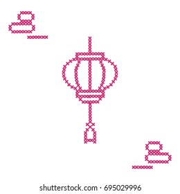 Cute vector illustration cross embroidery of chinese lantern and rocks for japanese rock garden. Design for banner, poster or print.