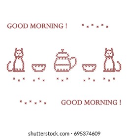 Cute vector illustration cross embroidery of teapot with two cups and two cats. Design for banner, poster or print.