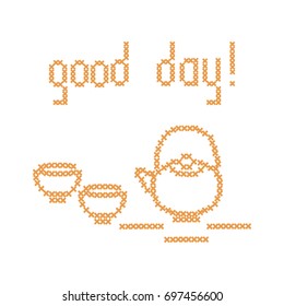 Cute vector illustration cross embroidery of teapot with two cups. Design for banner, poster or print.