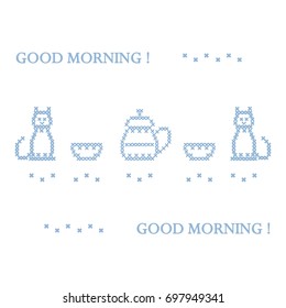 Cute vector illustration cross embroidery of teapot with two cups and two cats. Design for banner, poster or print.