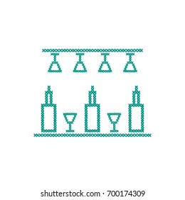 Cute vector illustration cross embroidery of bar. Bottles and glasses. Design for banner, poster or print.