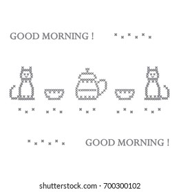 Cute vector illustration cross embroidery of teapot with two cups and two cats. Design for banner, poster or print.