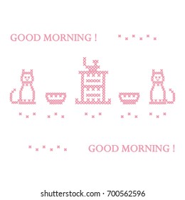 Cute vector illustration cross embroidery of teapot with two cups and two cats. Design for banner, poster or print.