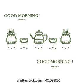 Cute vector illustration cross embroidery of teapot with two cups and owl. Design for banner, poster or print.