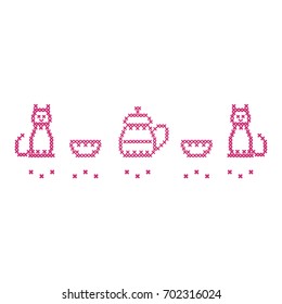 Cute vector illustration cross embroidery of teapot with two cups and two cats. Design for banner, poster or print.