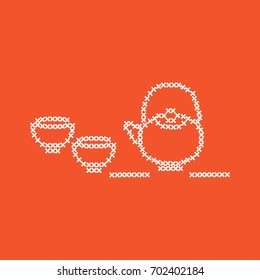 Cute vector illustration cross embroidery of teapot with two cups. Design for banner, poster or print.