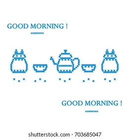 Cute vector illustration cross embroidery of teapot with two cups and owl. Design for banner, poster or print.