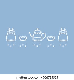 Cute vector illustration cross embroidery of teapot with two cups and owl. Design for banner, poster or print.
