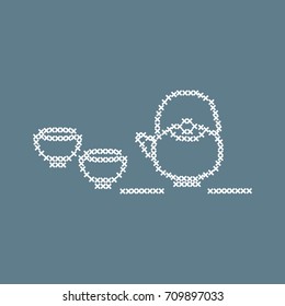 Cute vector illustration cross embroidery of teapot with two cups. Design for banner, poster or print.