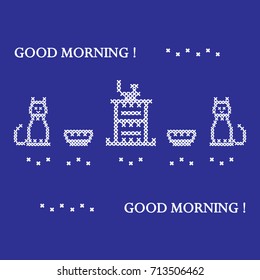 Cute vector illustration cross embroidery of teapot with two cups and two cats. Design for banner, poster or print.