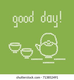 Cute vector illustration cross embroidery of teapot with two cups. Design for banner, poster or print.