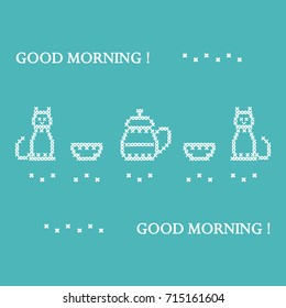 Cute vector illustration cross embroidery of teapot with two cups and two cats. Design for banner, poster or print.