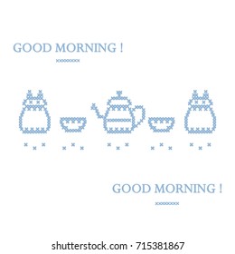 Cute vector illustration cross embroidery of teapot with two cups and owl. Design for banner, poster or print.