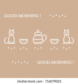 Cute vector illustration cross embroidery of teapot with two cups and two cats. Design for banner, poster or print.