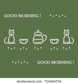 Cute vector illustration cross embroidery of teapot with two cups and two cats. Design for banner, poster or print.