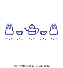 Cute vector illustration cross embroidery of teapot with two cups and owl. Design for banner, poster or print.