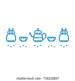 Cute vector illustration cross embroidery of teapot with two cups and owl. Design for banner, poster or print.