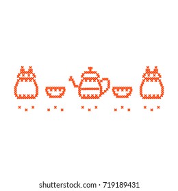 Cute vector illustration cross embroidery of teapot with two cups and owl. Design for banner, poster or print.
