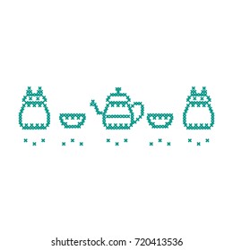 Cute vector illustration cross embroidery of teapot with two cups and owl. Design for banner, poster or print.