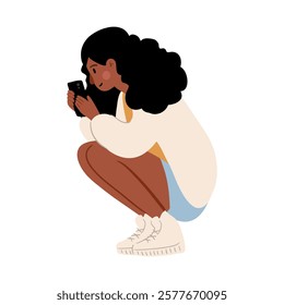 Cute vector illustration of a crouching woman with curly hair. A young woman in a white sweater and blue shorts sits on the ground. Casual and reflective moment in a park setting.